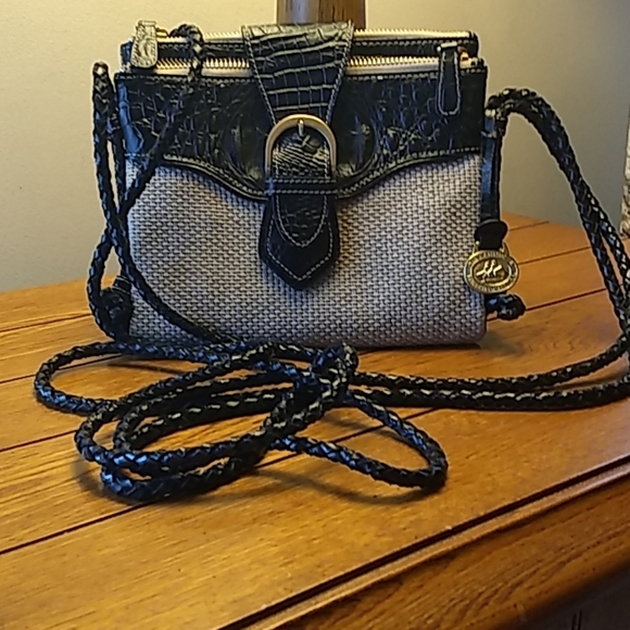 Brahmin Handbags - Brahmin black croc embossed leather & jute Crossbo